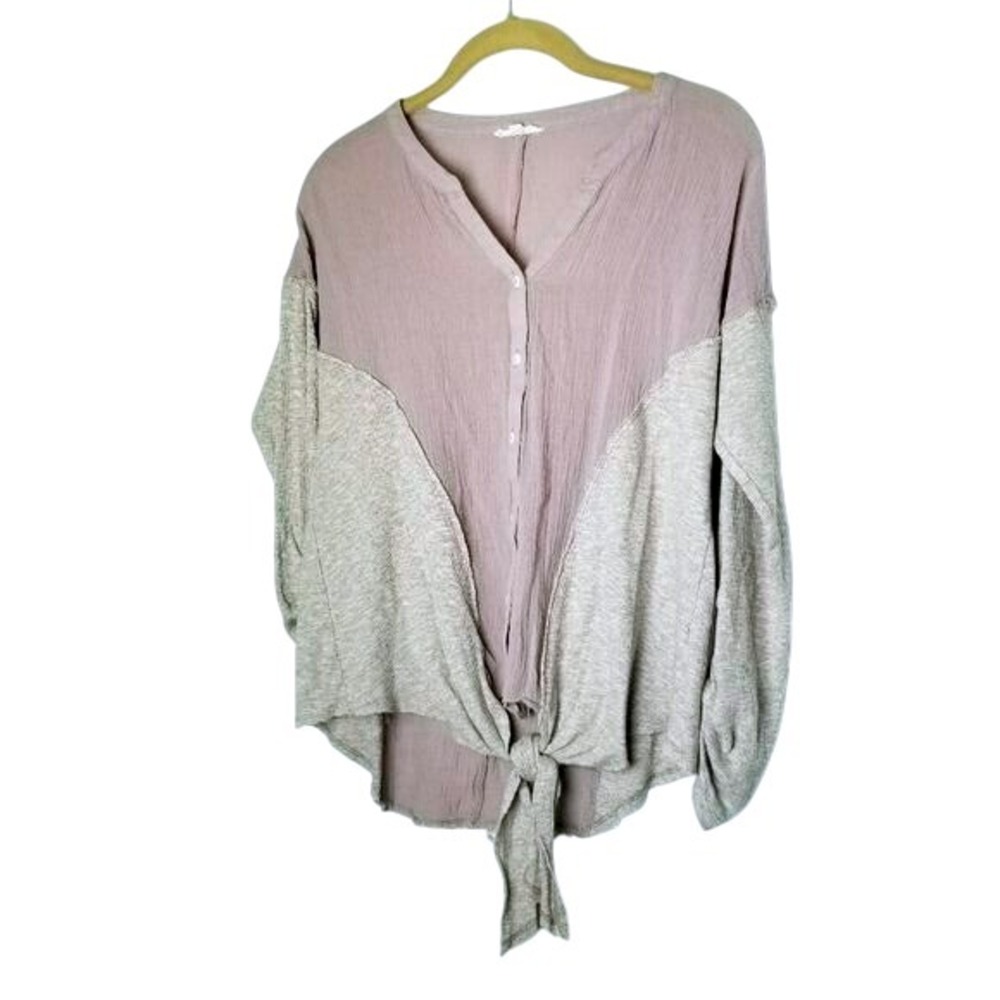 Mystree Womens S Top Tie Button Up Long Sleeve Casual Blouse Boho Distressed